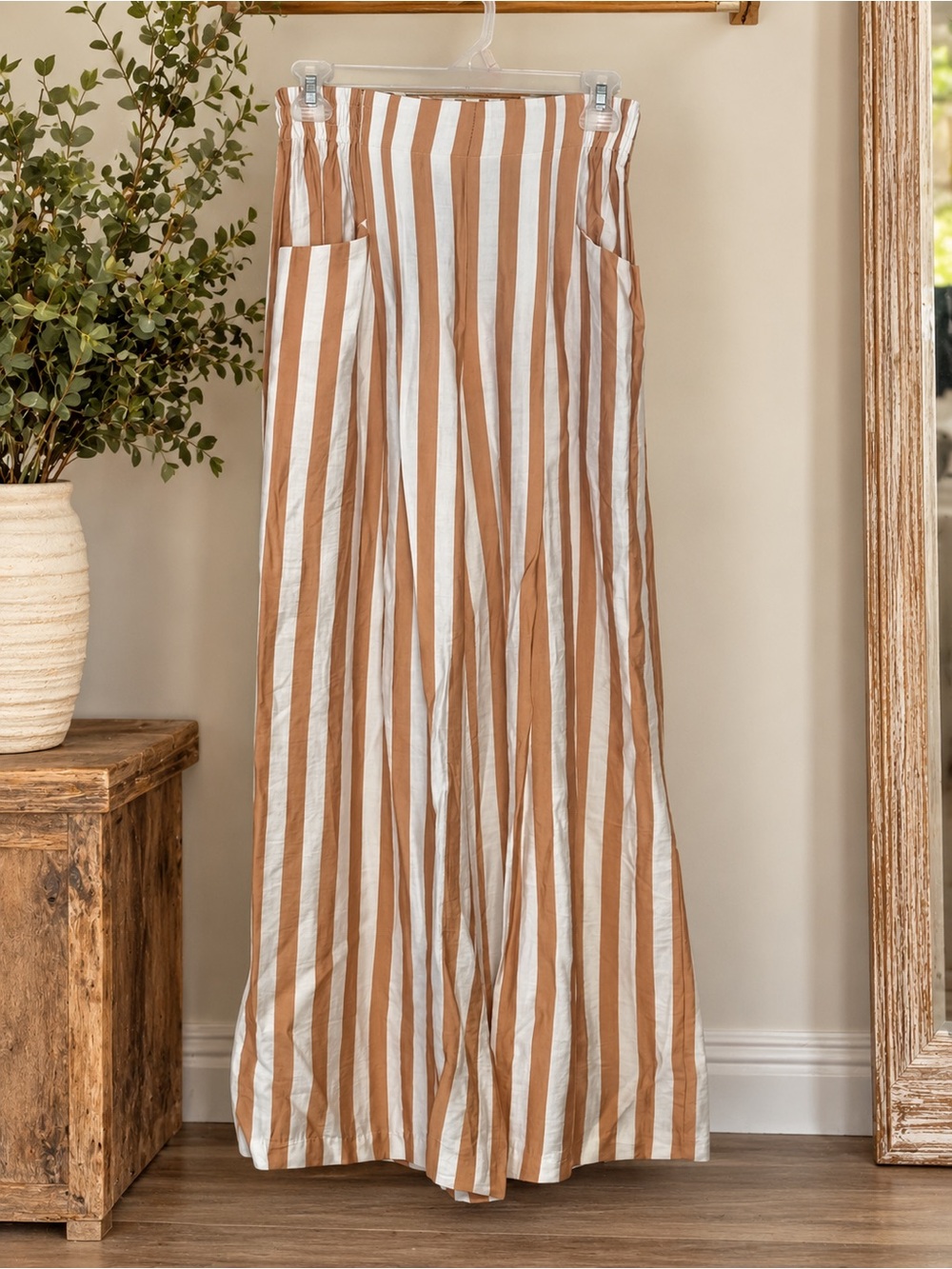 Umgee Tan & White Vertical-Stripe Wide Leg Pants